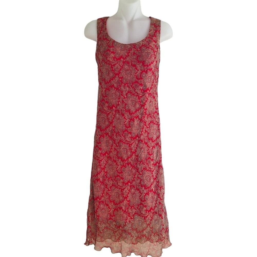 Red & Gold Paisley Lightweight Vintage Swing Dress w Ruffle Hem sz 6 Sleeveless